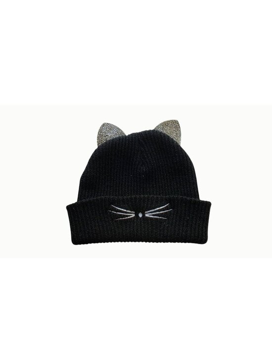 Unbranded Accessories - Black Cat Ear Beanie Rhinestone Crystal Kitty Whiskers Knit Winter Hat